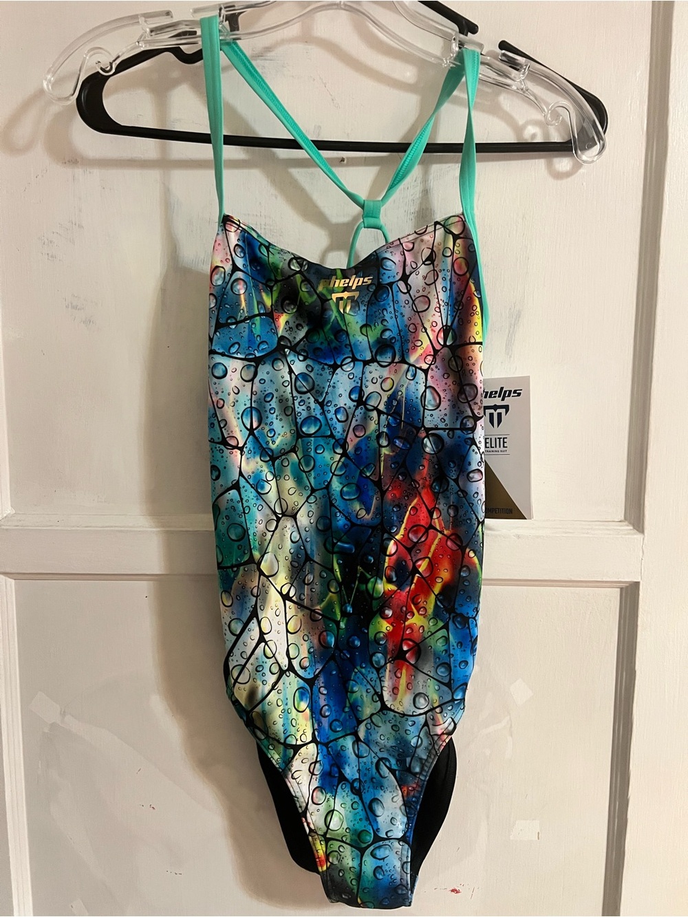 TYR Multicolor Water Droplet Print One-Piece Swimsuit with Teal and Red Accents